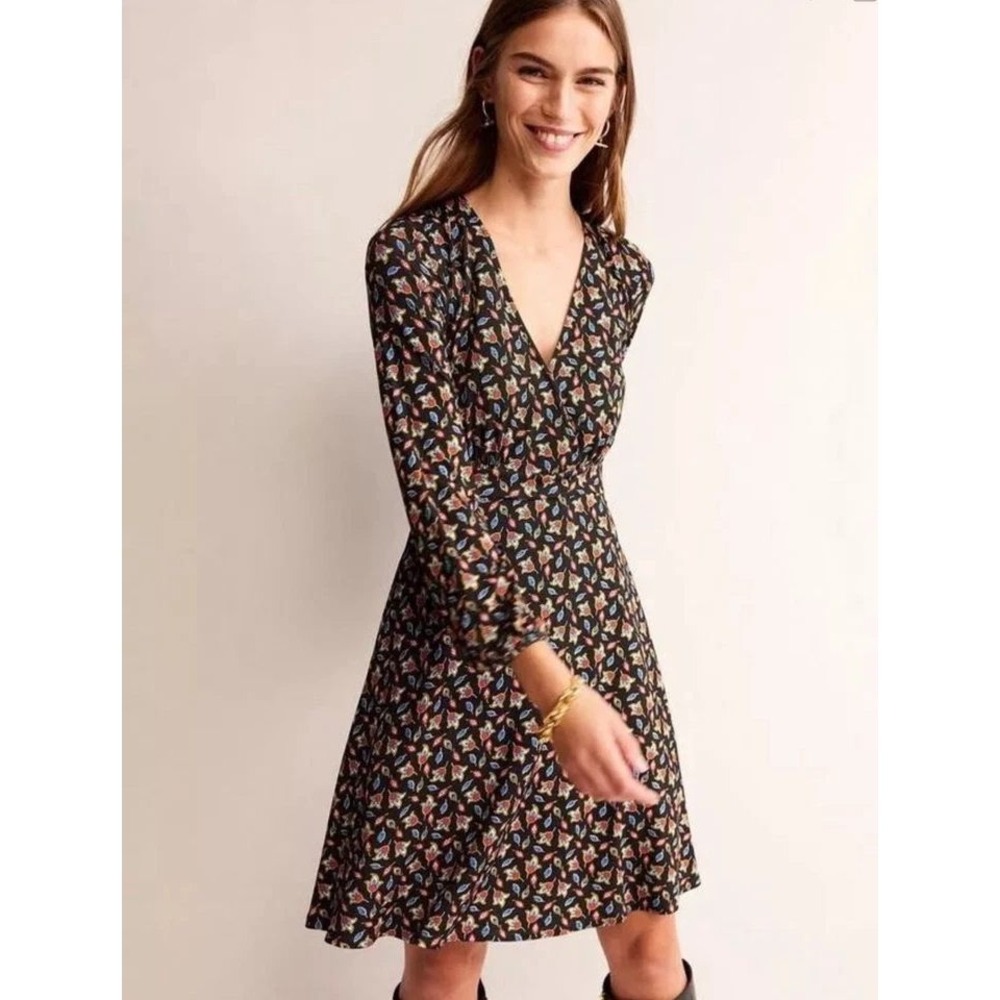 Boden Willow Jersey Dress 8L Black Floral Tulip Bud Long Sleeve V-Neck Boho Chic